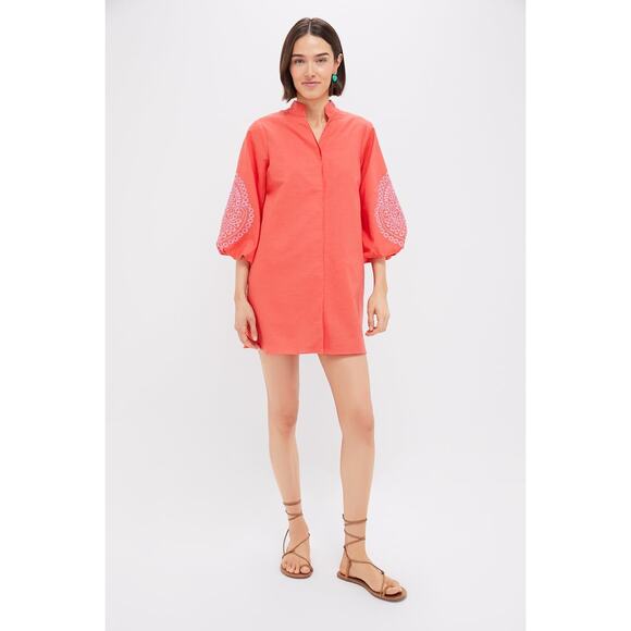 HYACINTH HOUSE Coral with Lavender Embroidery Mini Wisteria Caftan Size XS NWT - Picture 6 of 7